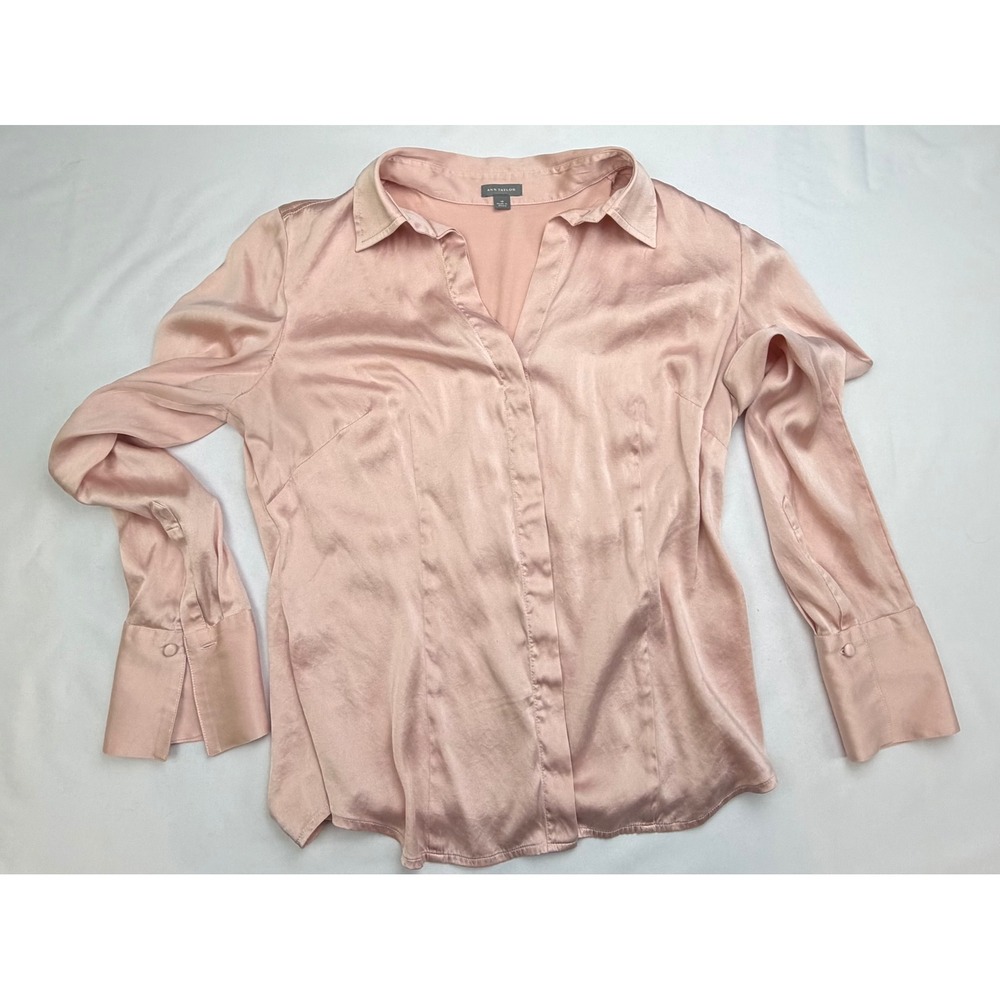 Ann Taylor Pink Silk Blend Satin Button Down Blouse Long Sleeve Top Size 10